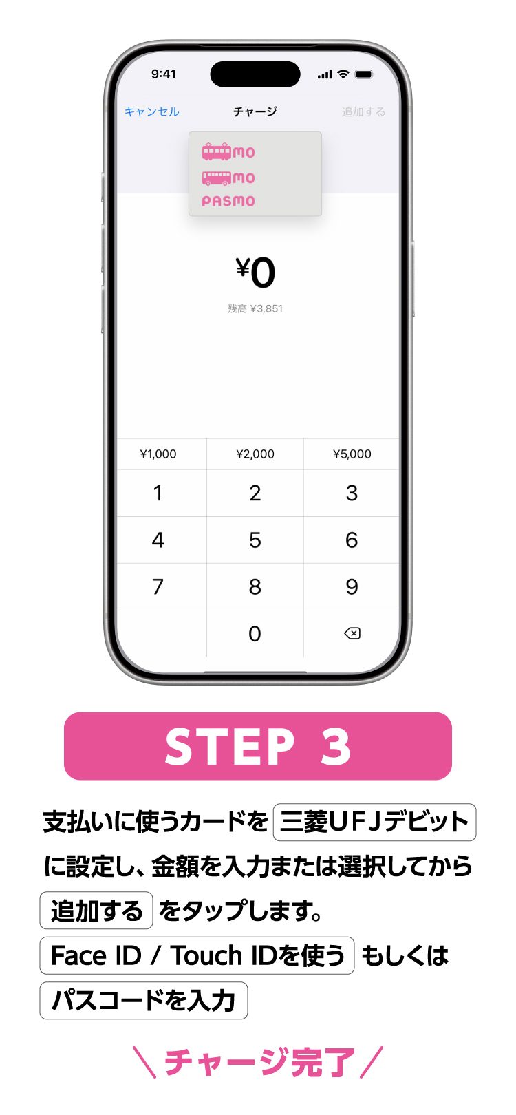 三菱UFJデビットのApple PayをPASMOにチャージして使うイメージ