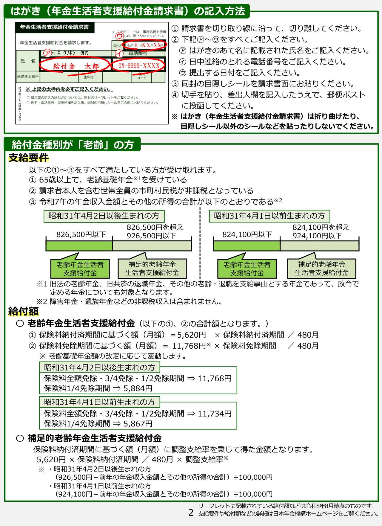 年金生活者支援給付金の令和8年度所得基準額と給付額の計算式を示す公式リーフレット図表