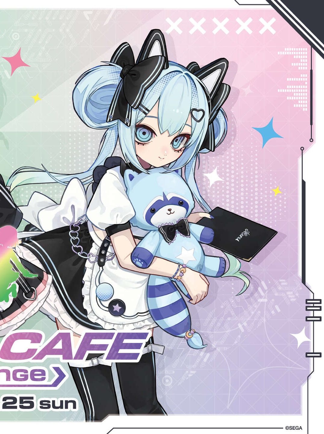 サイバーパンクメイドテーマの描き下ろしイラスト、水色髪でぬいぐるみを抱えるキャラクター