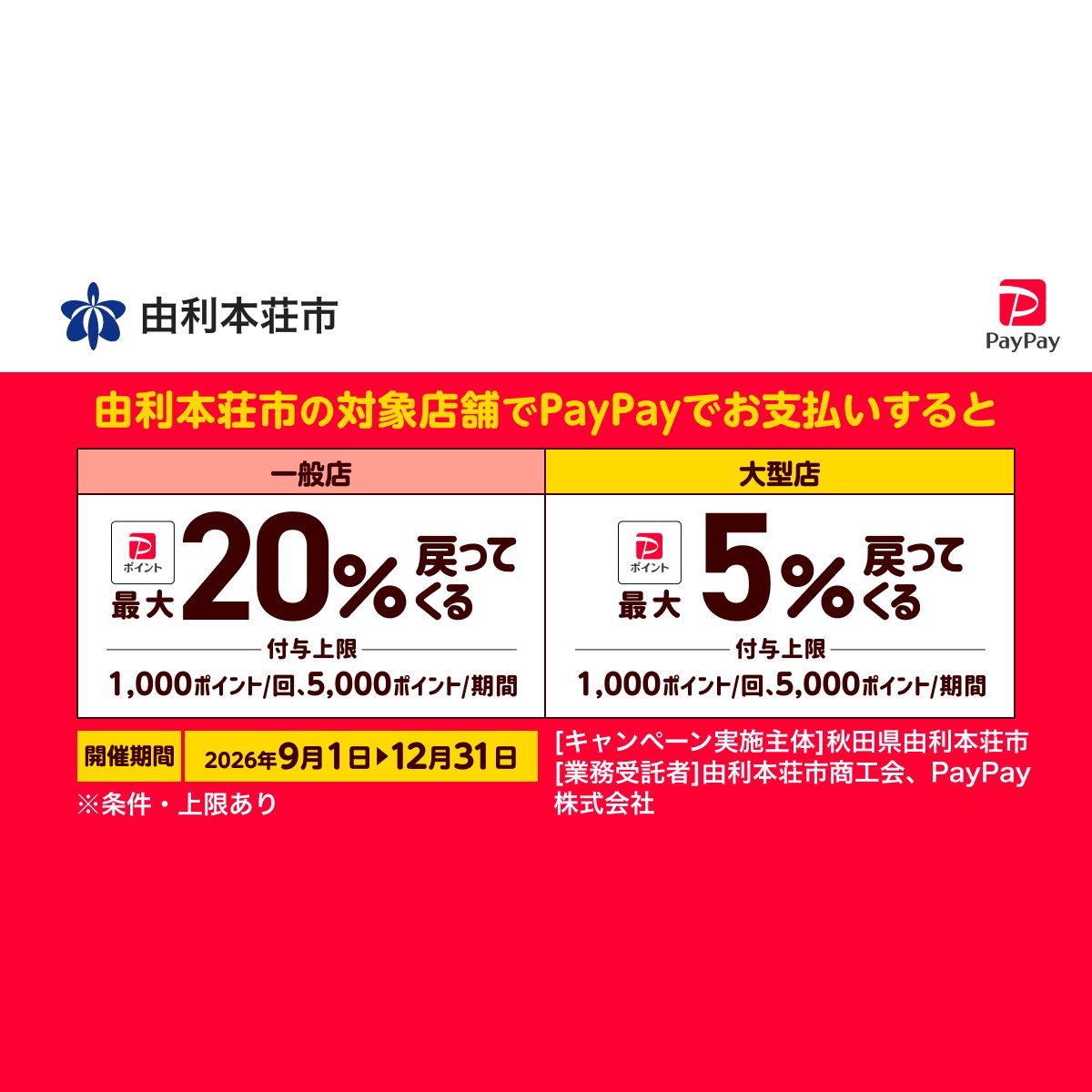 秋田県由利本荘市 PayPay一般店20%大型店5%還元の公式バナー