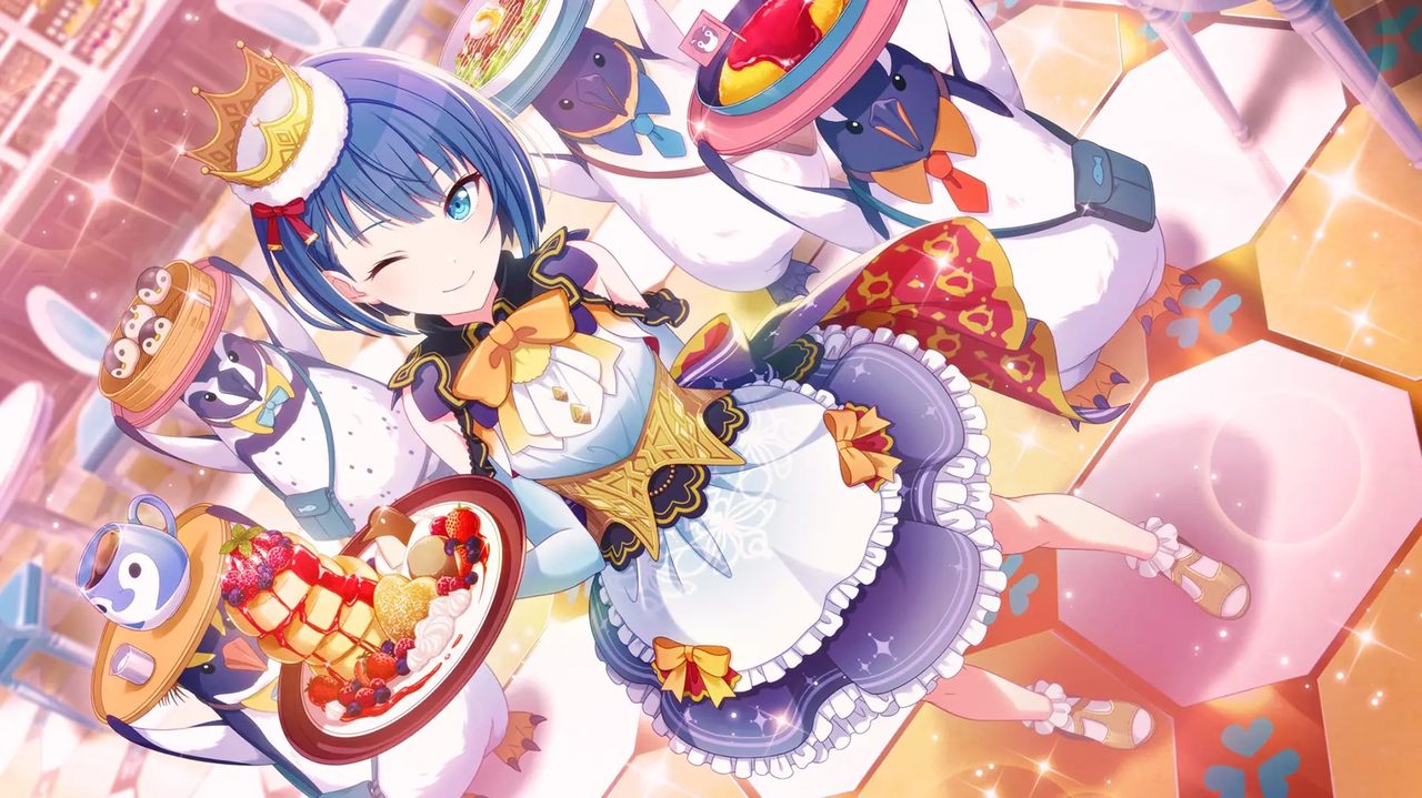 桐谷遥の公式カードイラスト、カフェで料理を運ぶ制服姿