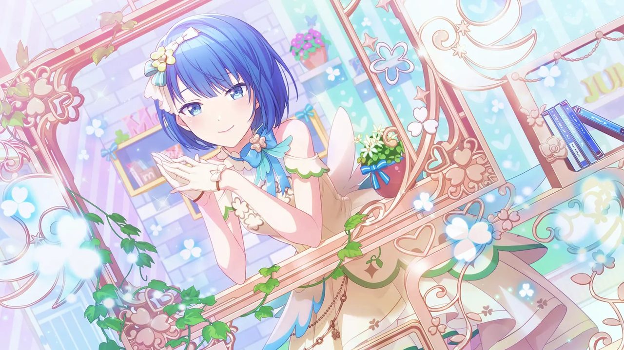 桐谷遥の公式カードイラスト、庭園風の背景で微笑む私服姿