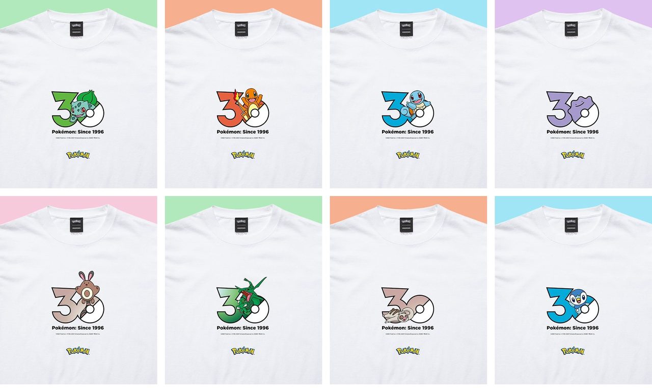 ポケモン30周年Tシャツのデザインバリエーション例(フシギダネ・ヒトカゲ・ゼニガメ・ヌオーほか)