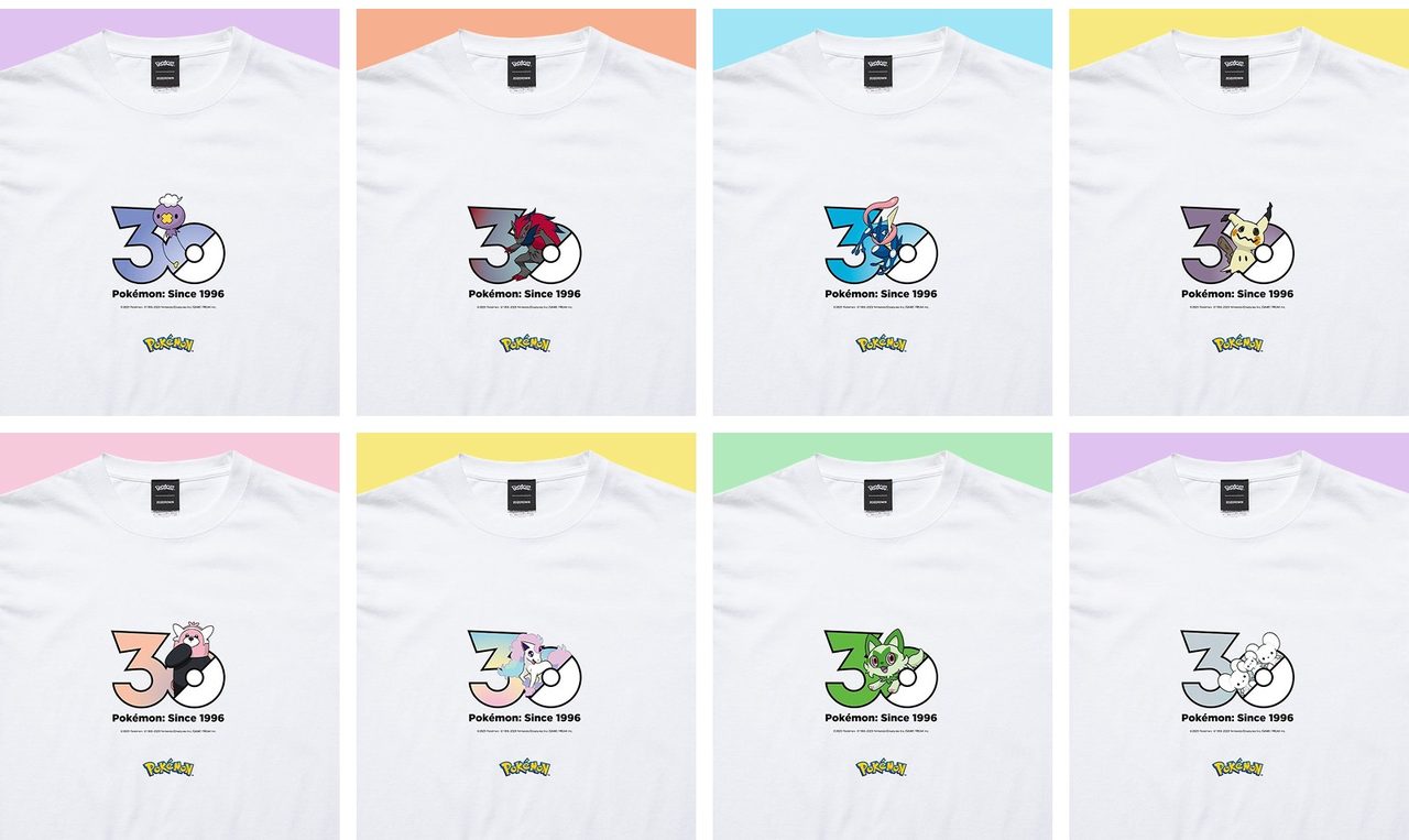 ポケモン30周年Tシャツのデザインバリエーション例(ミミッキュ・ザシアン・グレイシアほか)