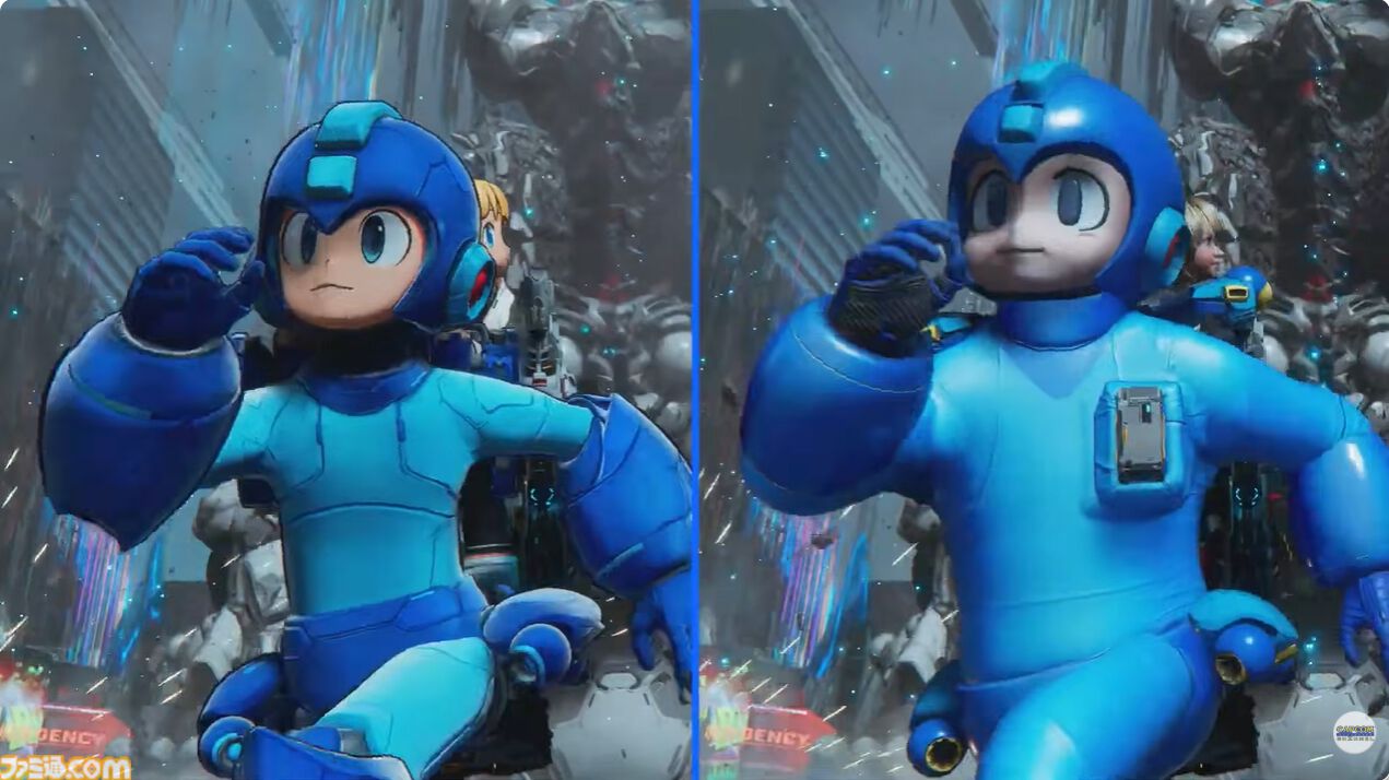 ヒューの通常衣装とロックマン衣装の比較