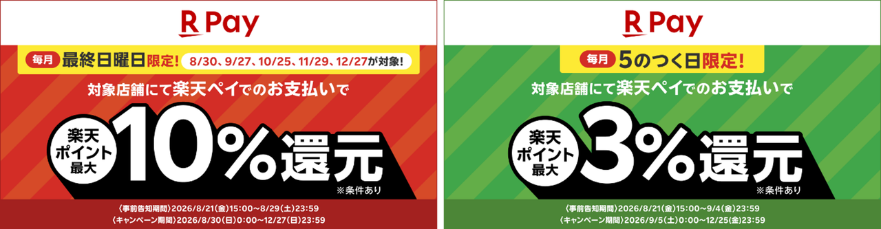 楽天ペイの毎月最終日曜日10%還元と毎月5のつく日3%還元のキャンペーンバナー