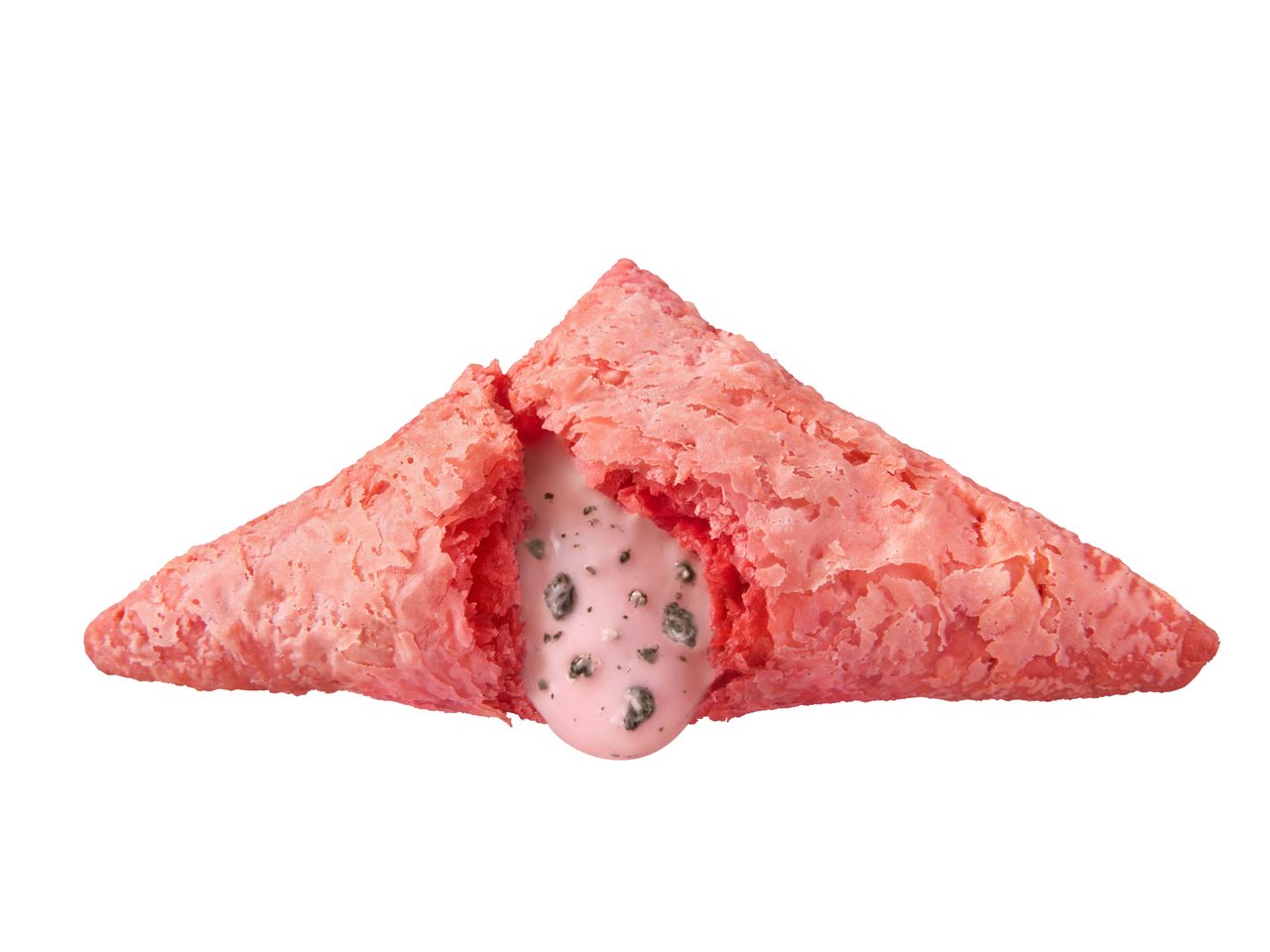 クッキー&クリーム いちご味の断面。ピンク色のいちごクリームとクッキークランチが見える