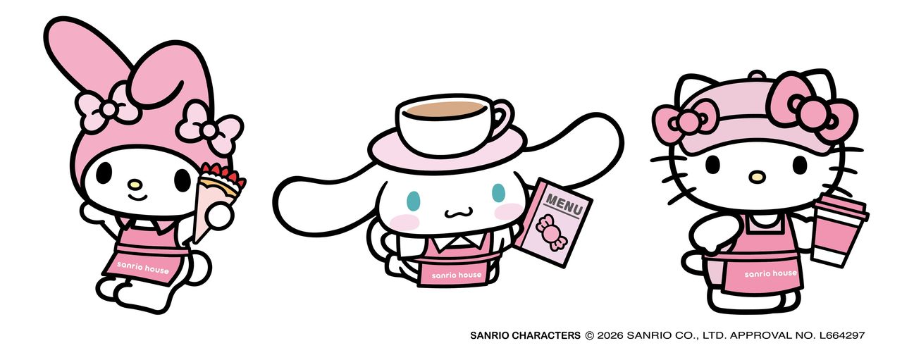 sanrio houseの店員姿でクレープやドリンクを持つマイメロディ・シナモロール・ハローキティのイラスト