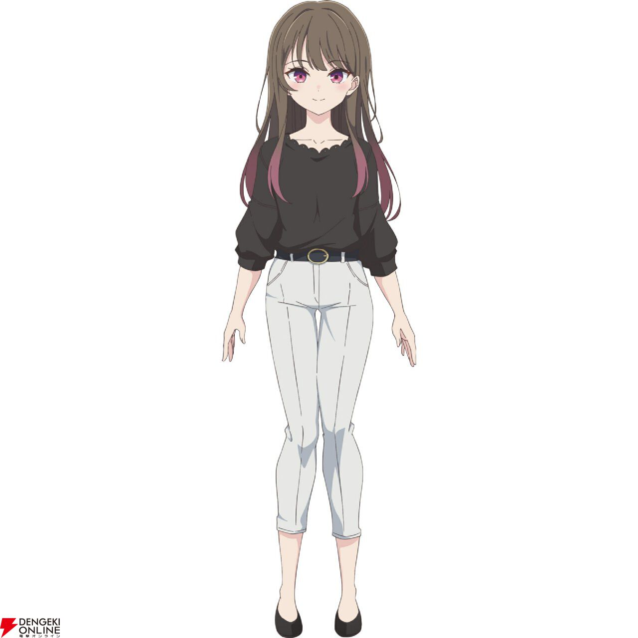 劇中に登場する女子キャラクターのデザイン、黒トップスとピンクメッシュの髪が特徴