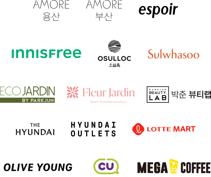 韓国まるトクプラン 対象特約店ロゴ一覧 AMORE innisfree OSULLOC LOTTE MART CU MEGA MGC COFFEE