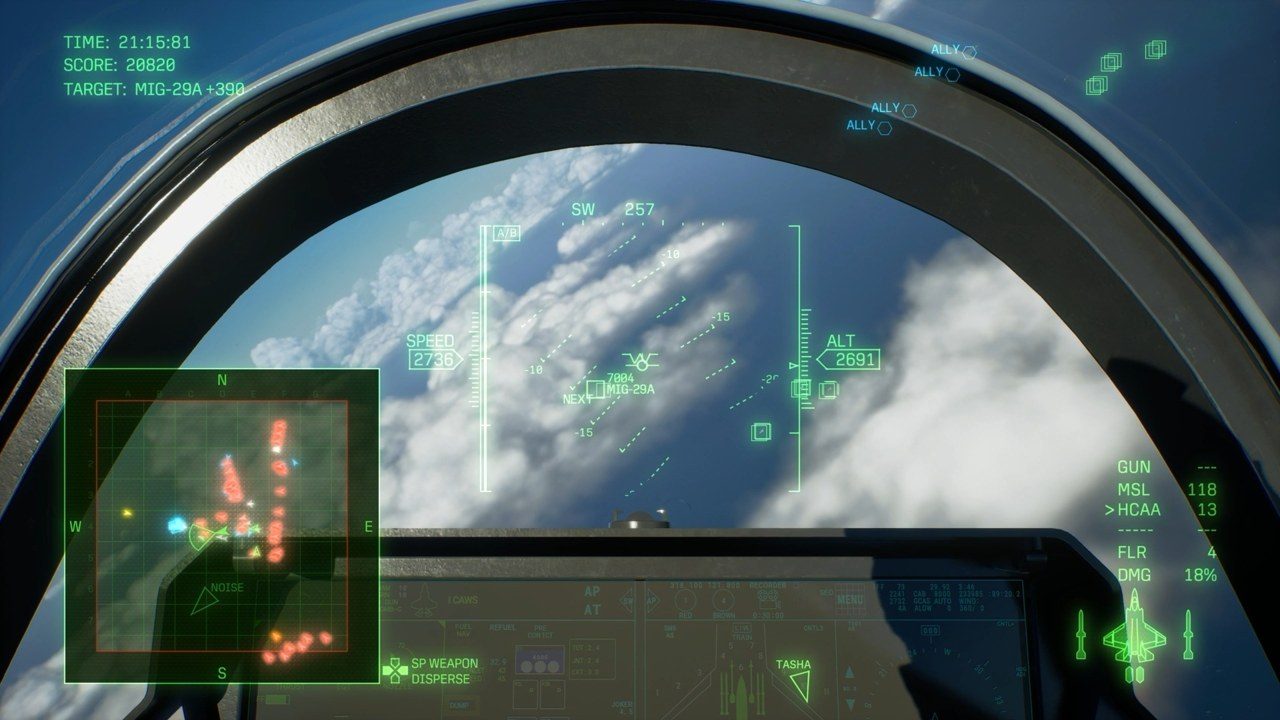 エースコンバット8のコックピット視点のゲーム画面。雲と青空、HUDが表示されている