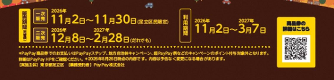 足立区プレミアム商品券の販売期間と利用期間の案内。一次販売は11月2日から30日、二次販売は12月8日から2月28日、利用期間は3月7日まで