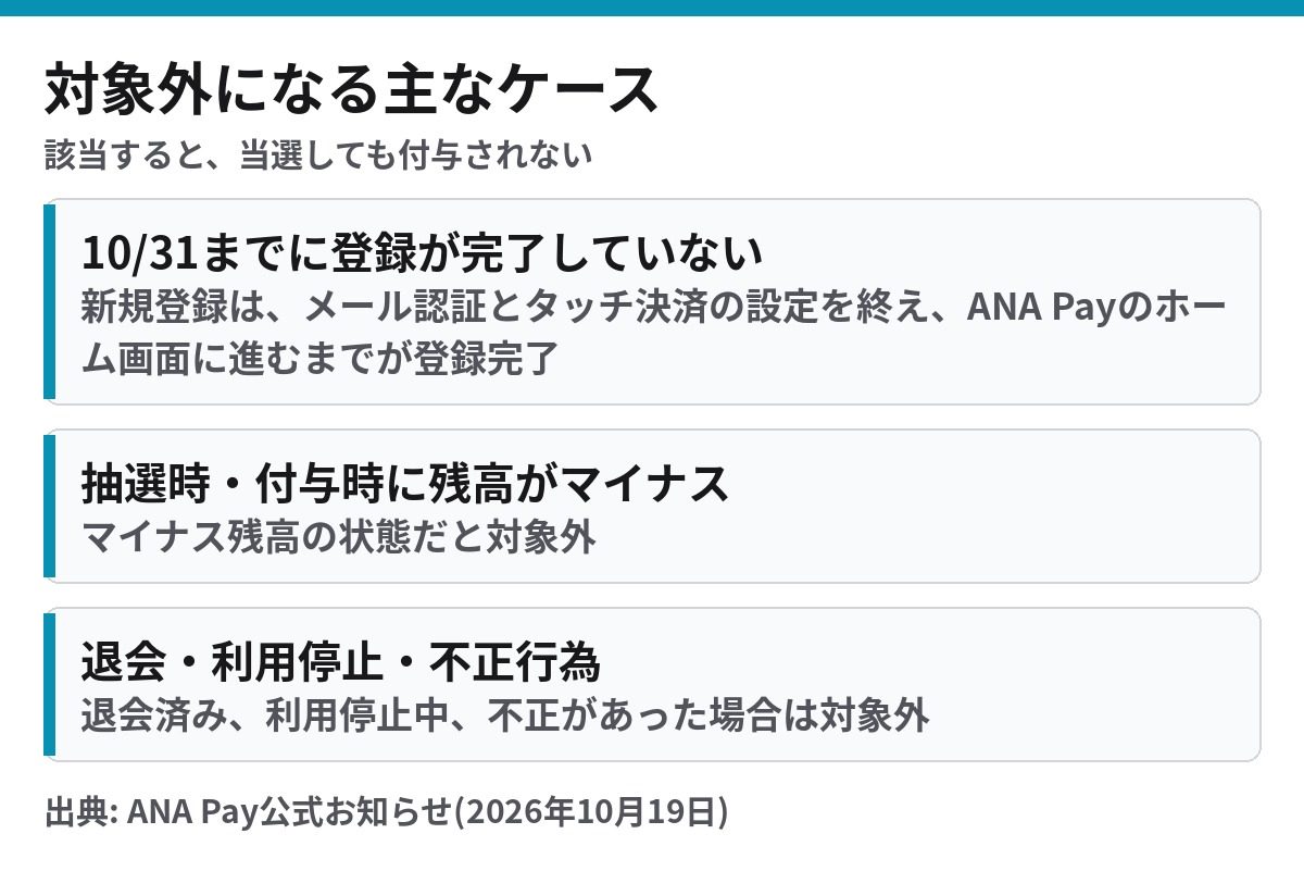 ANA Pay 抽選の対象外になる主なケース 10月31日までに未登録 マイナス残高 退会 利用停止