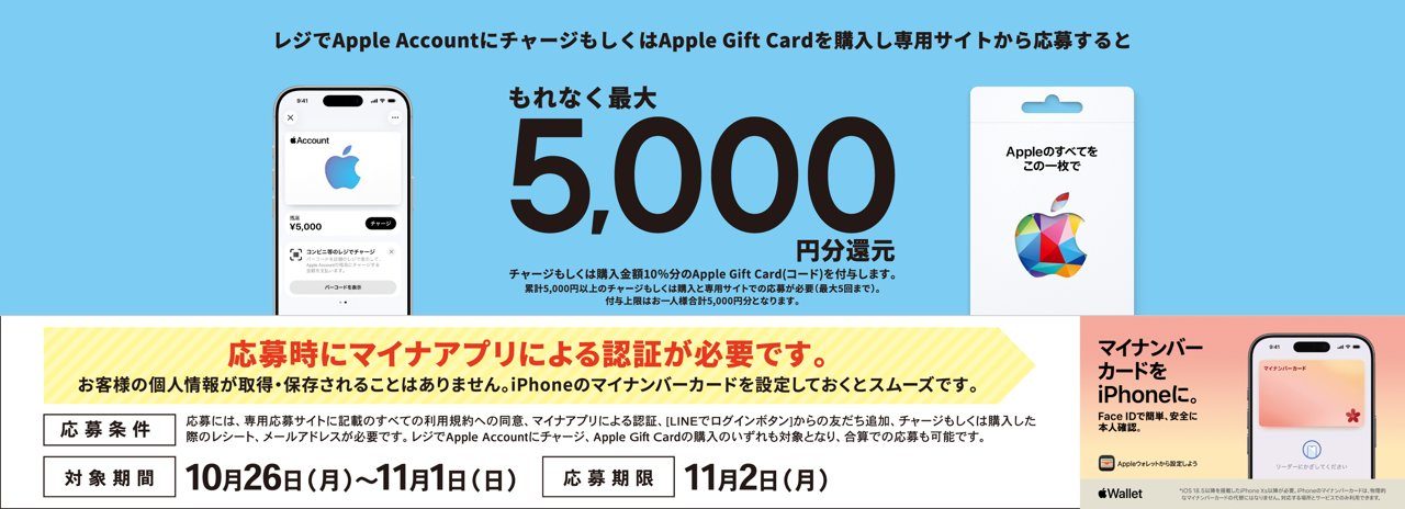 ローソンのApple Account チャージ・Apple Gift Card 最大5,000円分還元キャンペーンのバナー