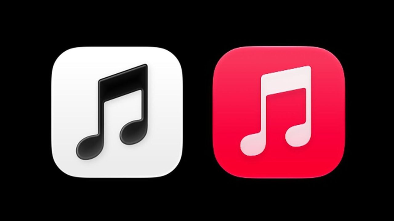 Apple Musicの新旧アプリアイコン比較 左が白黒の新アイコン 右が赤い旧アイコン