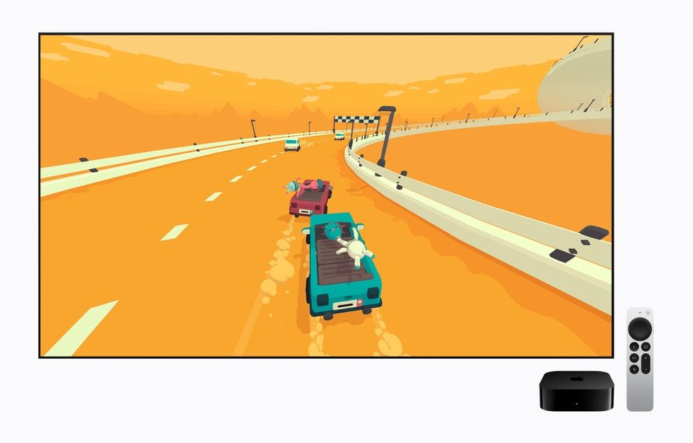 新Apple TV 4Kの大画面でApple Arcadeのレースゲームを遊ぶ画面