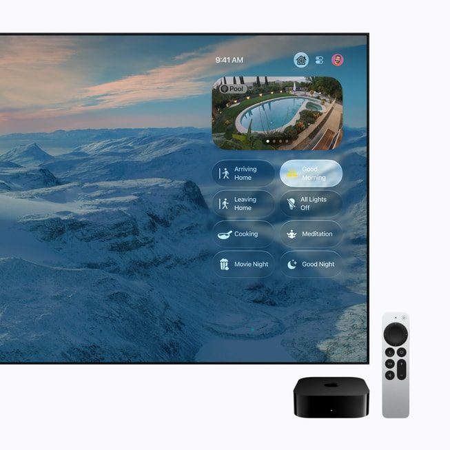 Apple TVの画面に防犯カメラの映像とホームのシーン操作ボタンが表示された様子