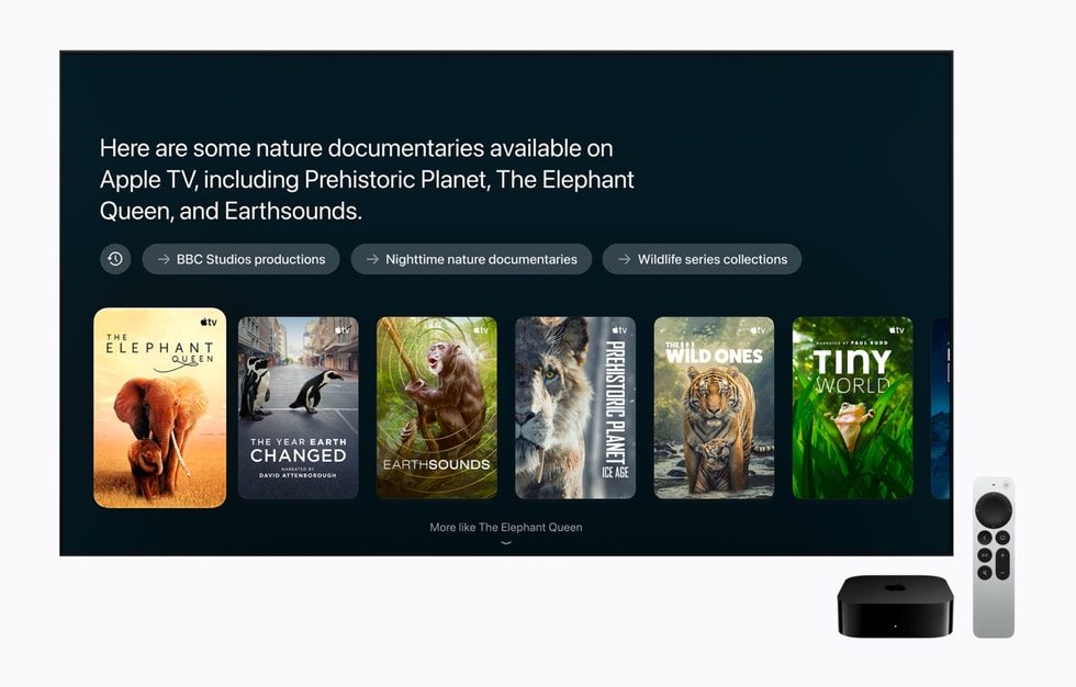新Apple TV 4Kのモニターに表示されるSiri AIの英語の作品提案画面