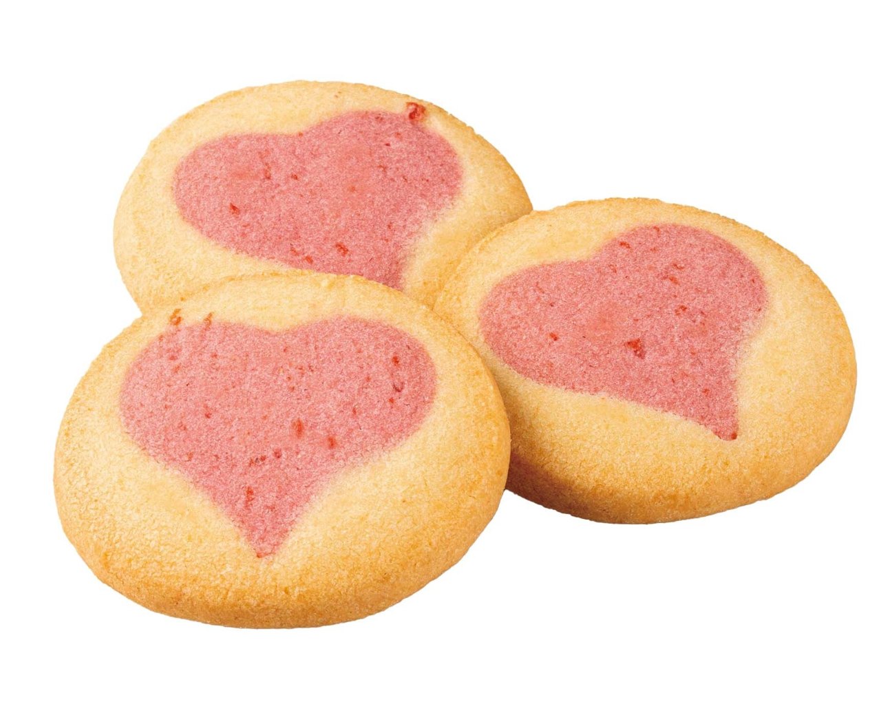 ときめきはーと。苺味のハート模様が入った丸いクッキー3枚