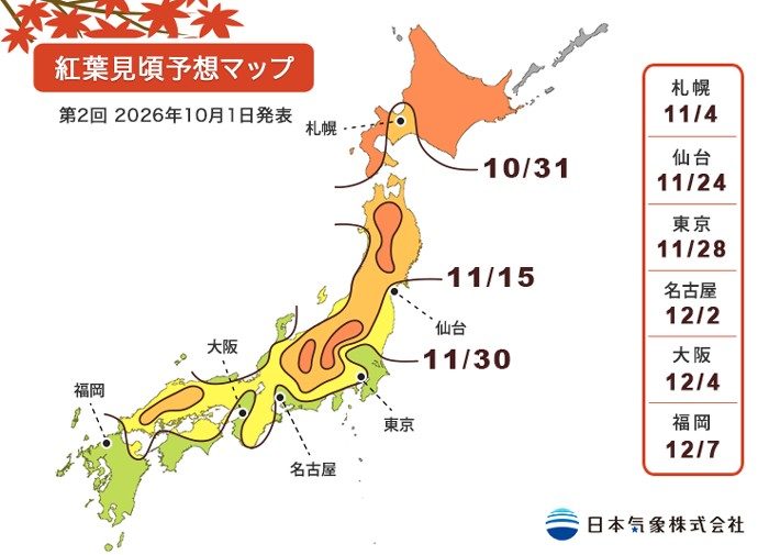 2026年の紅葉見頃予想マップ(日本気象、10月1日発表)、東京は11月28日