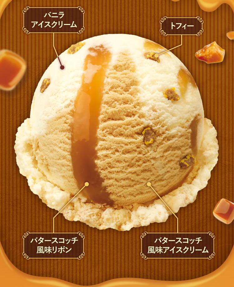 ロイヤル バタースコッチ アンド トフィーの構成。バニラアイスクリーム、トフィー、バタースコッチ風味のリボンとアイスクリーム