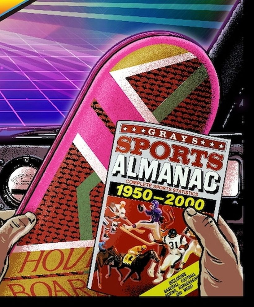 キービジュアルのホバーボードとスポーツ年鑑。GRAYS SPORTS ALMANAC 1950-2000の表紙が見える
