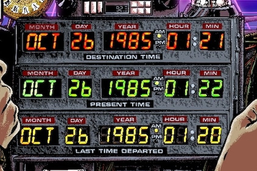 キービジュアルのタイムサーキット。1985年10月26日の日付表示が3段で並ぶ