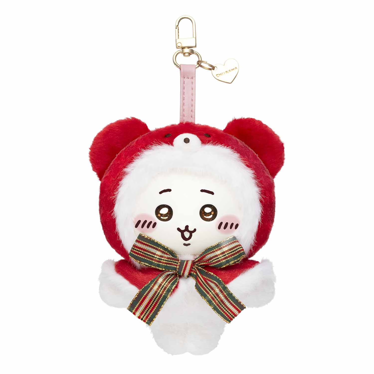 ちいかわ Kiramekko Teddy Bear Christmas ちいかわ。赤いテディベアのフードと格子柄のリボン