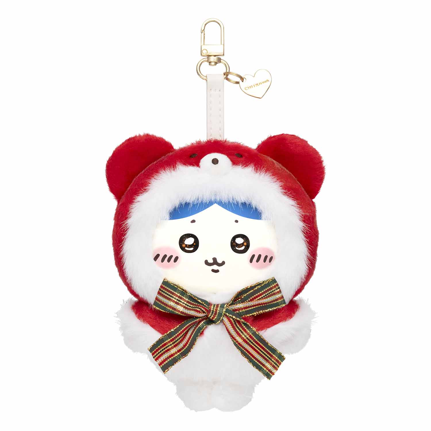 ちいかわ Kiramekko Teddy Bear Christmas ハチワレ。青い前髪と赤いテディベアのフード
