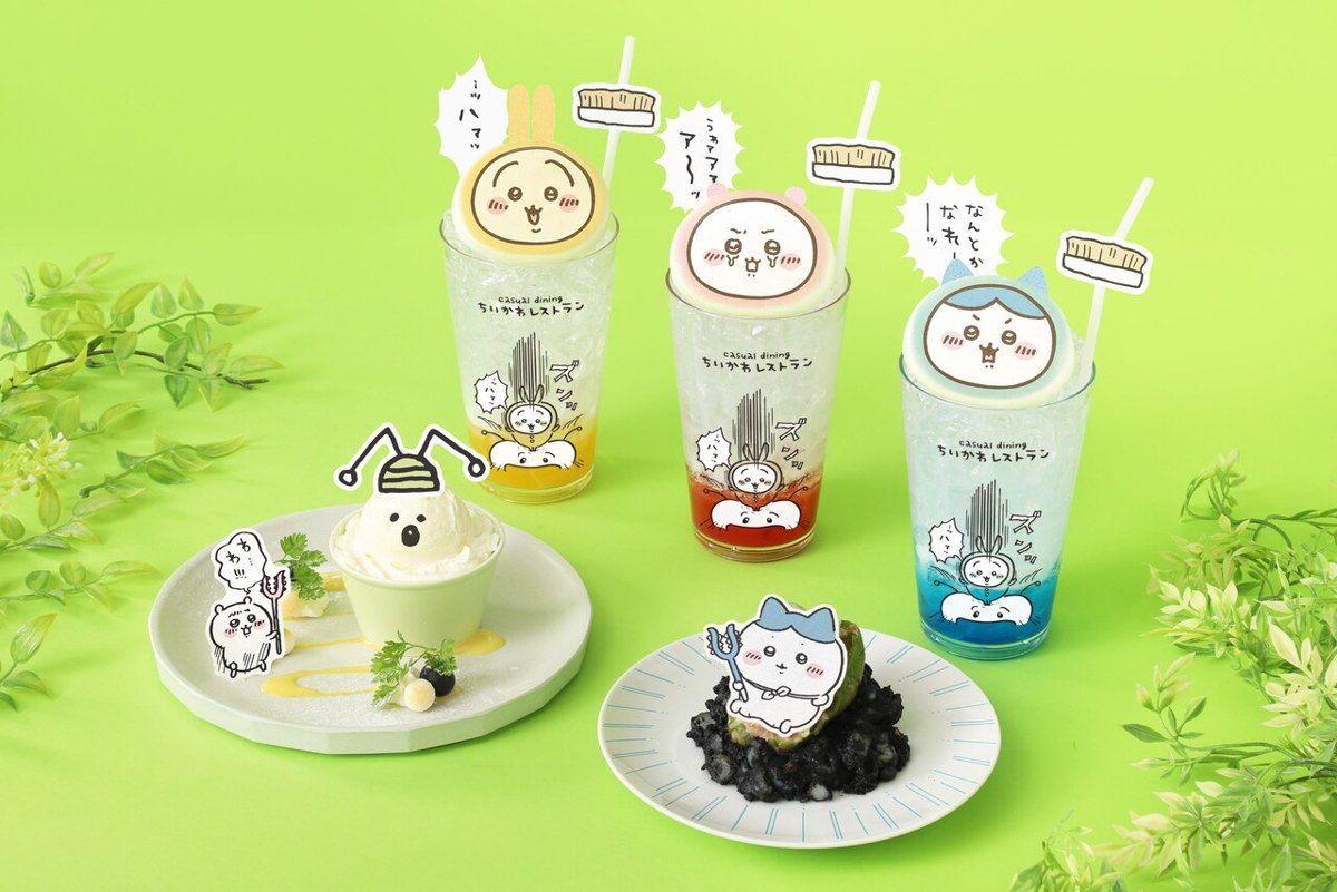ちいかわレストラン討伐フェアのクリームソーダ3種と虫(緑)討伐アイスデザート、ハチワレのピーマンの肉詰め