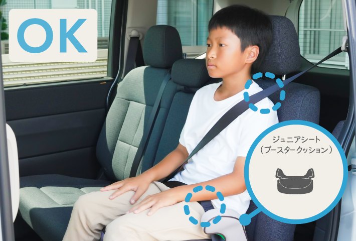 ブースタークッションを使い、シートベルトが肩と腰骨にかかっているOK例