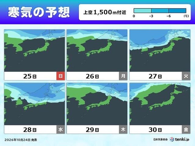 10月25日から30日の寒気予想。上空1500メートル付近で28日に北海道へ強い寒気が流れ込む