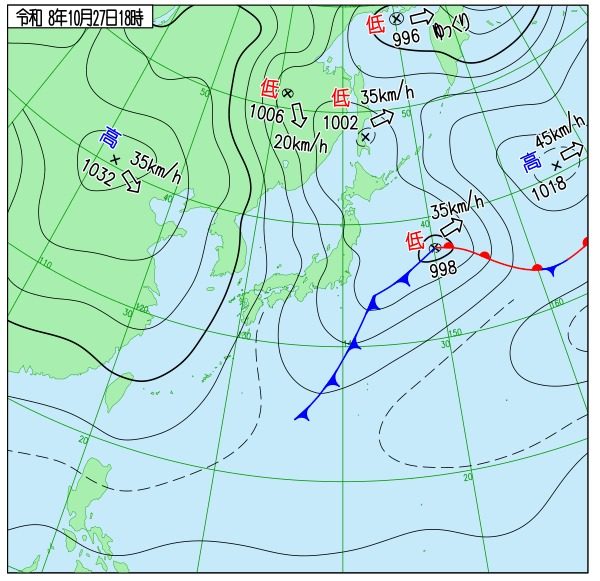 気象庁の27日18時の実況天気図 低気圧が北日本へ接近