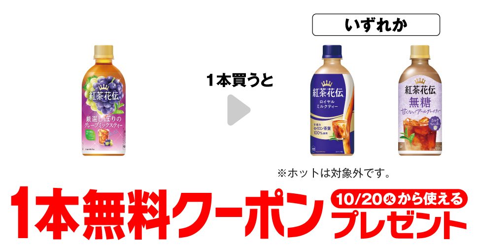 紅茶花伝グレープティーを買うとロイヤルミルクティーなど1本無料クーポンがもらえるセブンのプライチ