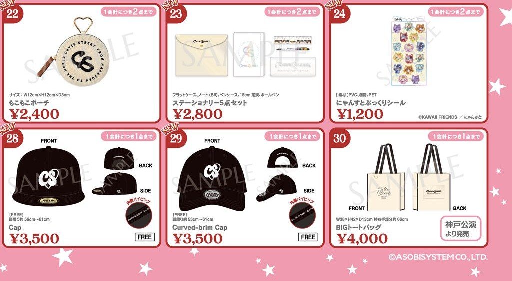 グッズラインナップ22から24番と28から30番。もこもこポーチ、ステーショナリー5点セット、にゃんすとぷっくりシール、キャップ2種、BIGトートバッグ