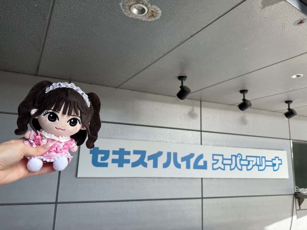 セキスイハイムスーパーアリーナの建物にある看板と、公式アカウントが撮影したCUTIE STREETのぬいぐるみ