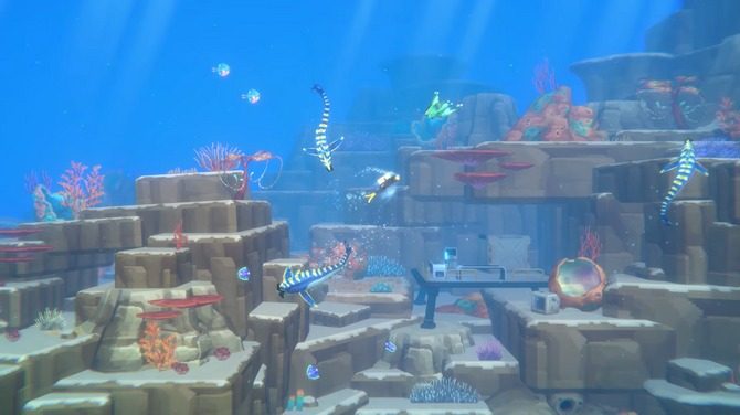 デイヴ・ザ・ダイバーのブルーホール 明るい海でデイヴが魚の群れの中を泳ぐ通常の画面