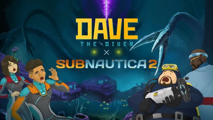 DAVE THE DIVER × SUBNAUTICA 2 のコラボDLCキーアート 異星の海の巨大生物に驚くデイヴたち