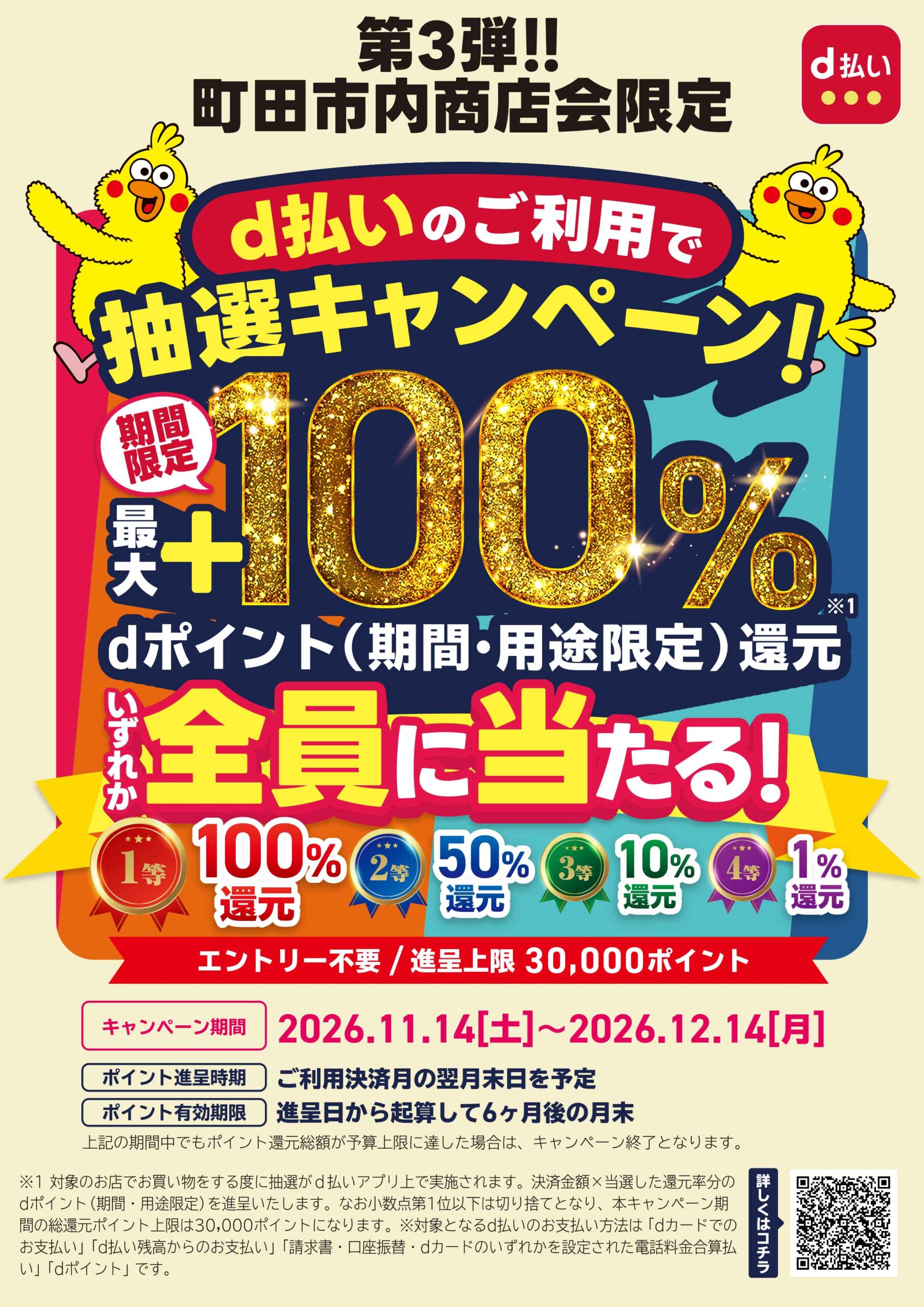 d払い 町田市内商店会限定 第3弾 抽選で最大100%還元 11月14日から12月14日 ポスター