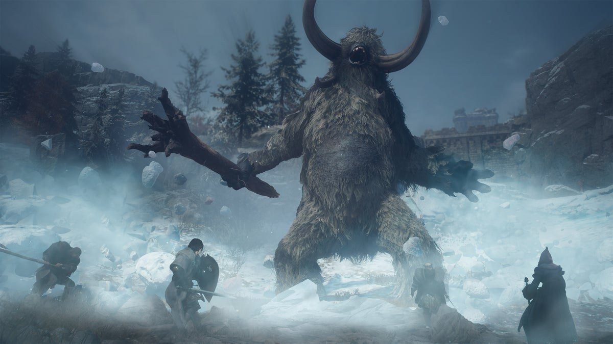 ドラゴンズドグマ2 ダークアリズン 極北ノルガンの雪原で覚者一行の前に立ちはだかる巨大な魔物