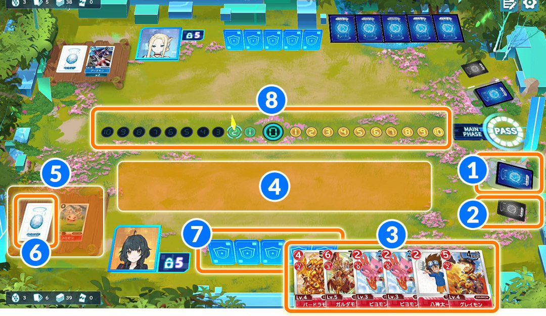 デジモンアリシオンのバトル画面。デッキ・トラッシュ・手札・バトルエリア・セキュリティ・メモリーゲージ