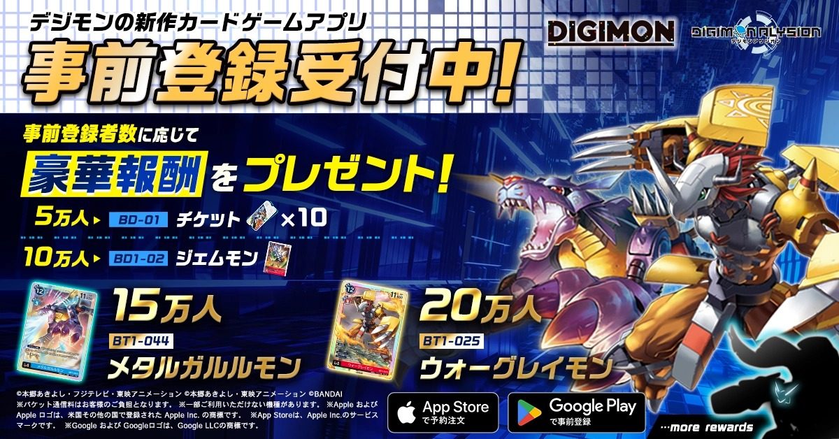 デジモンアリシオン 事前登録受付中の告知画像。5万人から20万人までの報酬
