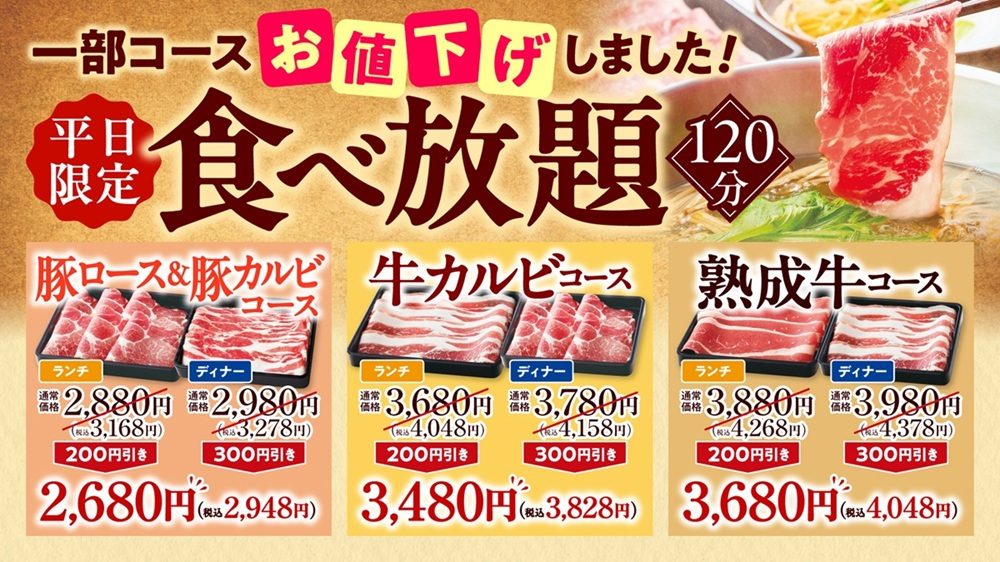 しゃぶしゃぶどん亭の平日限定食べ放題の価格表 豚ロース＆豚カルビ2,948円 牛カルビ3,828円 熟成牛4,048円（税込）