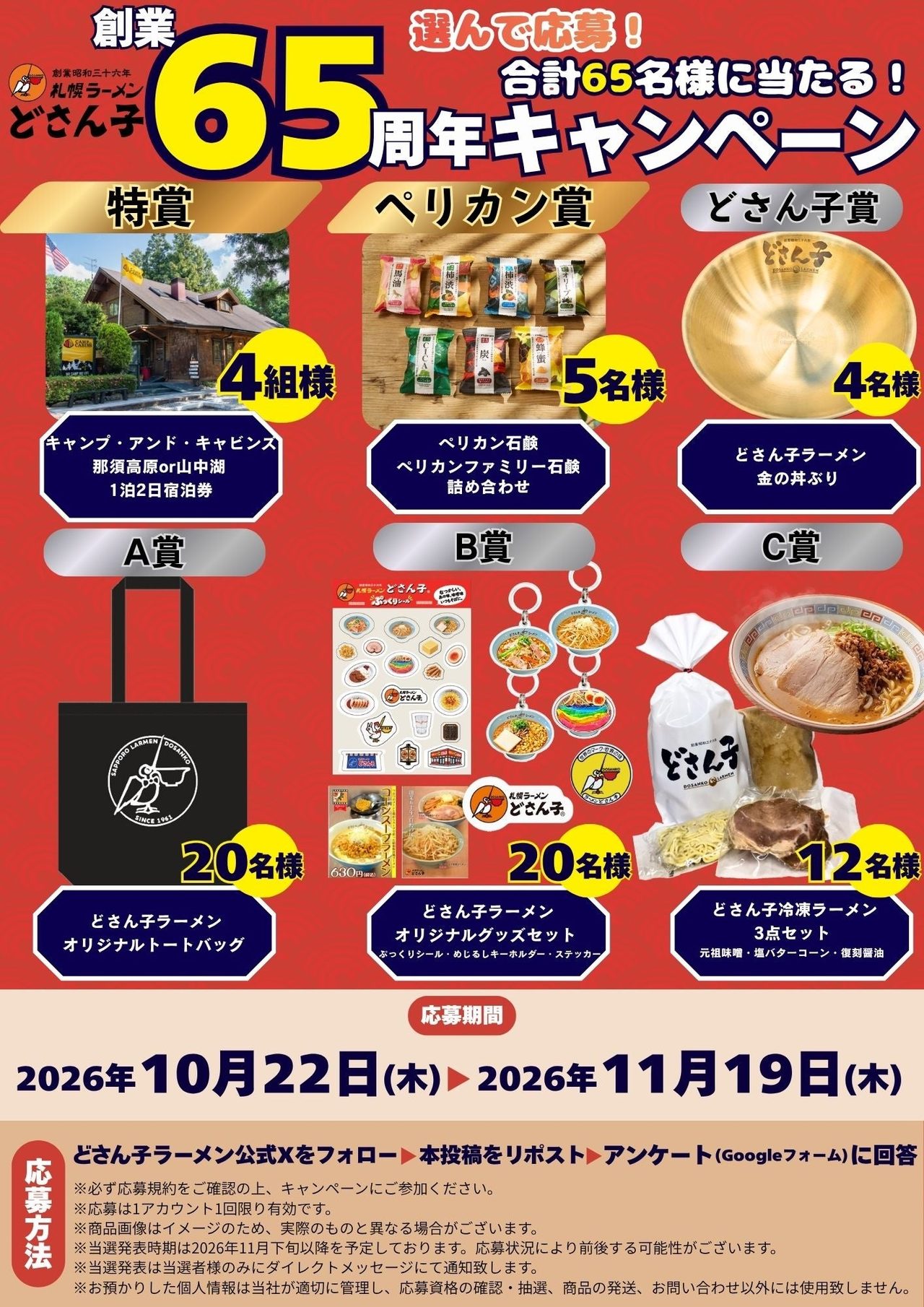 どさん子ラーメン65周年記念キャンペーンの公式告知ポスターと賞品一覧