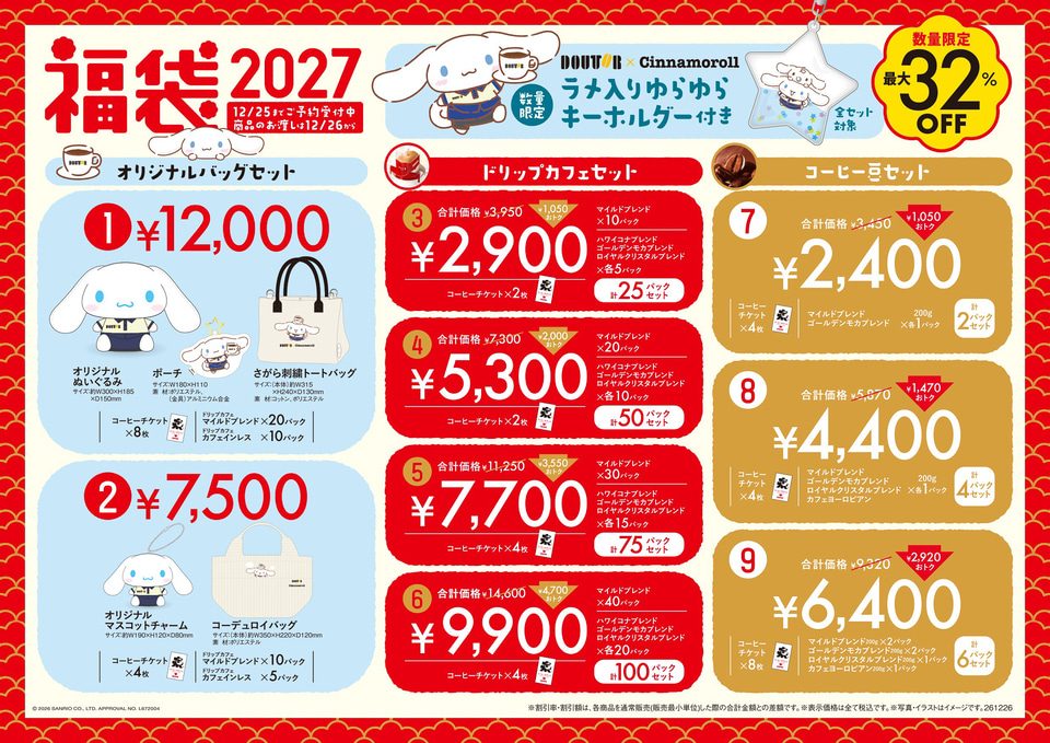 ドトール福袋2027 全9種の価格と中身を示した一覧表