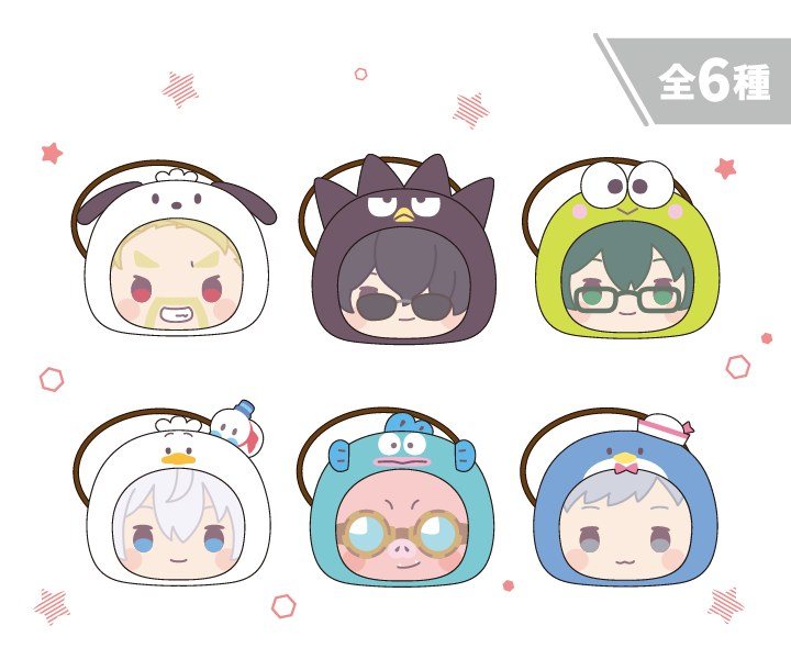 ぬいぐるみヘアゴム全6種。サンリオキャラのフードをかぶったドズル社メンバーのデフォルメ顔