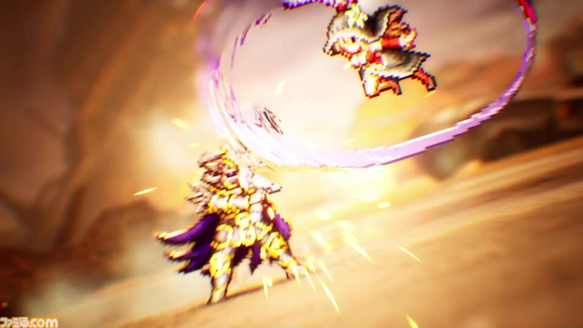 FFレゾナンスの戦闘演出。HD-2Dのドット絵キャラクターが技を放つ場面