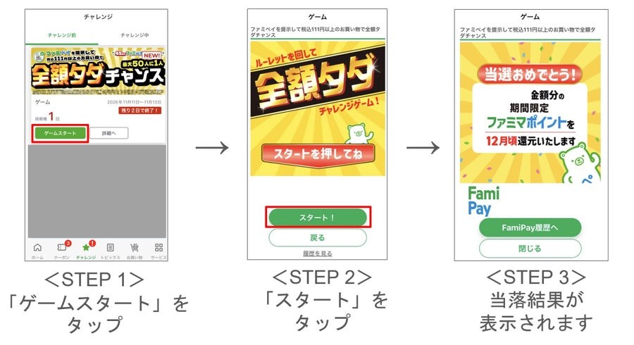 ファミペイゲームの流れ ゲームスタートをタップ スタートをタップ 当落結果が表示される