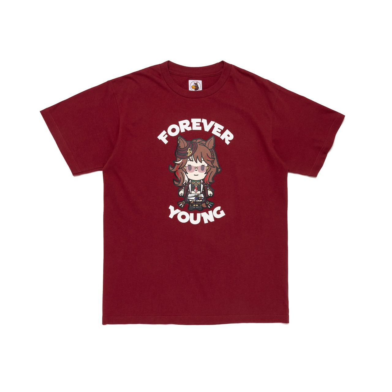 フォーエバーヤングのキャラクターを前面にプリントしたバーガンディーのTシャツ