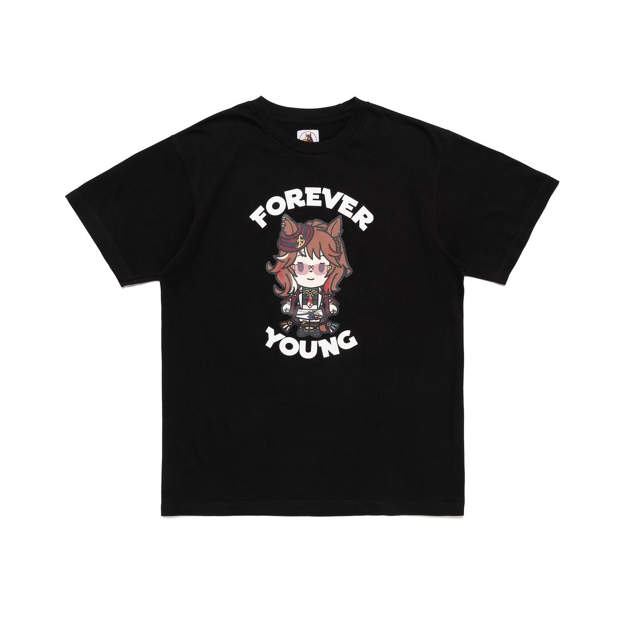 フォーエバーヤングのキャラクターを前面にプリントしたブラックのTシャツ